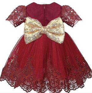 NWT Red/Burgundy Gold Lace Baby Dress with Sequin Accessories, Bow, Shoes